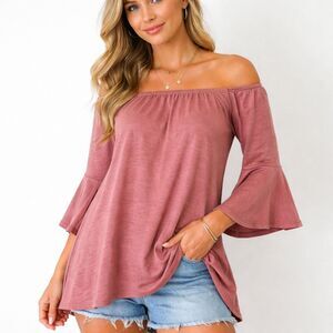 White Birch Mauve Off Shoulder Bell Sleeve Tunic Top Boho Boutique S